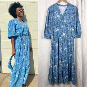 Hampton House block print cotton tiered maxi dress blue floral cottagecore boho